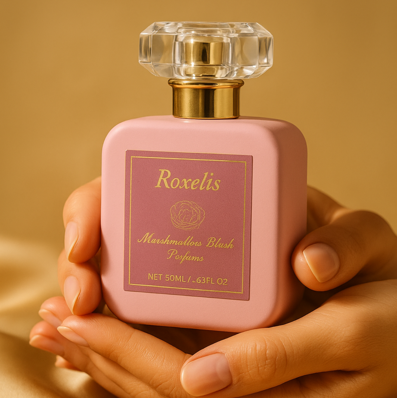 Marshmallow Blush perfume bottle with a gold neck and clear faceted cap, held gently in two hands, photographed against a warm beige background with soft studio lighting. 