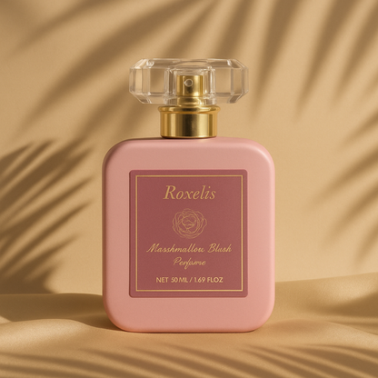 Pink Marshmallow Blush perfume bottle with a clear crystal-cut cap, positioned upright on soft beige fabric with palm-leaf shadows cast across the background. The warm, natural light highlights the bottle’s matte texture and gold label, creating a soft, elegant, desert-inspired aesthetic.