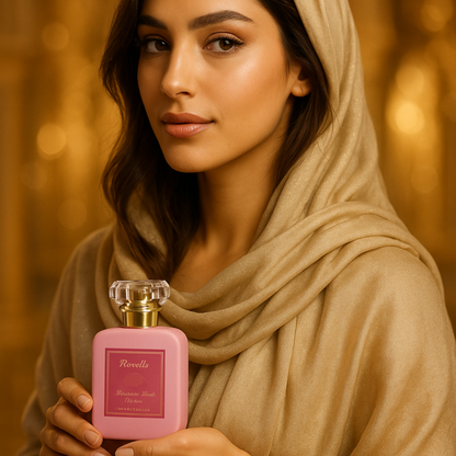Middle-eastern woman in a soft beige hijab holding a pink Roxelis Marshmallow Blush perfume bottle in both hands. Warm golden background with soft, glowing bokeh lighting. The perfume is centered in the frame with a clear crystal cap and gold nozzle.