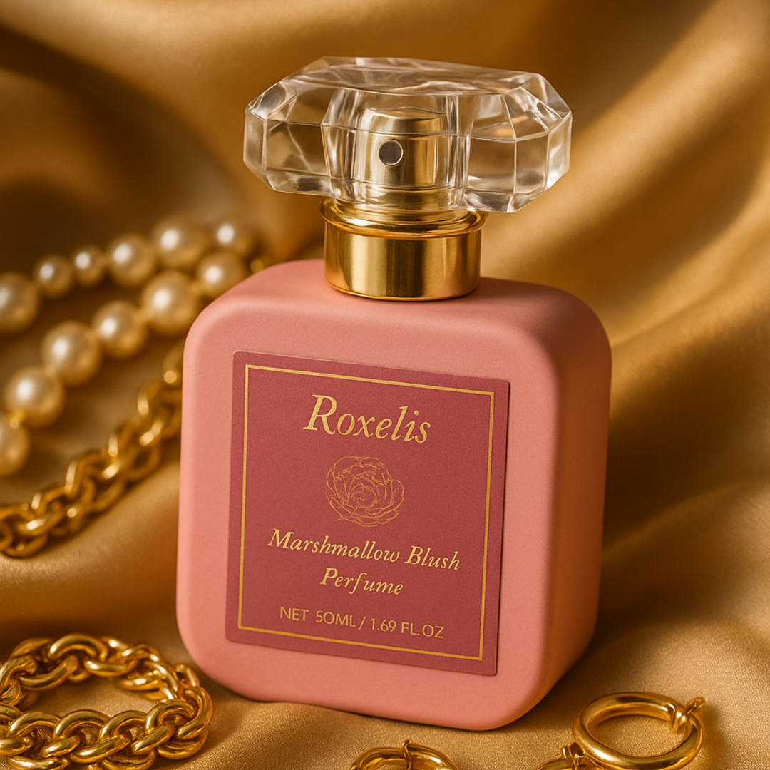 Pink Marshmallow Blush perfume bottle with a clear crystal-cut cap placed on gold satin fabric, surrounded by gold jewelry and pearl accessories. Warm studio lighting highlights the soft matte texture of the bottle.